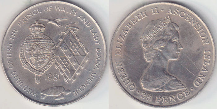 1981 Ascension Island 25 Pence (Royal Wedding) Unc A004030